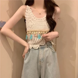 Vogue🌟พร้อมส่ง🌟 เสื้อสายเดี่ยวถักไหมพรม สไตล์โบฮีเมี่ยน (CX0006) -C