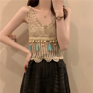 Vogue🌟พร้อมส่ง🌟 เสื้อสายเดี่ยวถักไหมพรม สไตล์โบฮีเมี่ยน (CX0006) -C