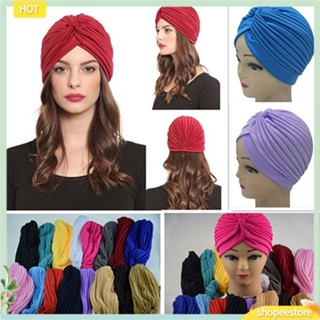 (shopeestore) Stretchy Hat Turban Head Wrap Band Chemo Bandana Hijab Pleated Indian Cap