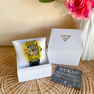 😊😎⌚นาฬิกาข้อมือ ชาย /หญิง เรือนสีเหลือง สายซิลิโคนสีดำ ⌚NEW GUESS MENS YELLOW CASE BLACK SILICONE CHRONOGRAPH WATCH