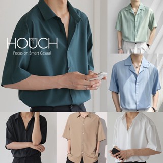 Houch พร้อมส่ง COD เสื้อเชิ้ตกาหลี แขนสั้น คอปก สีพื้นมินิมอลสี unisex oversize คนอ้วนก็ใส่ได้ ชาย/หญิง โฉมใหม่กระดุมสีเดียวกับเสื้อ