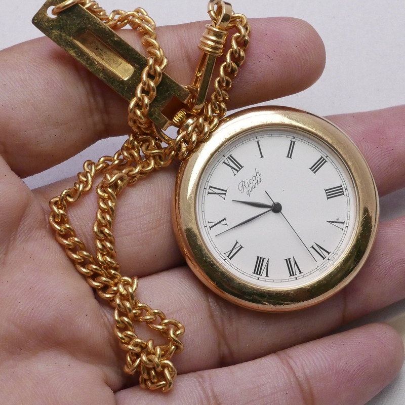 นาฬิกา Vintage มือสองญี่ปุ่น Pocket Watch นาฬิกาพกRICOH ชุบทองระบบQUARTZ พร้อมโซ่ ทรงกลม กรอบทอง หน้