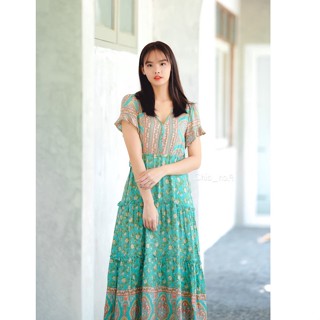 Chic No.9 : ชุดเดรส Dress - Long V Green Floral Boho 👋ปัดซ้ายที่รูปเพื่อดูขนาดสินค้า