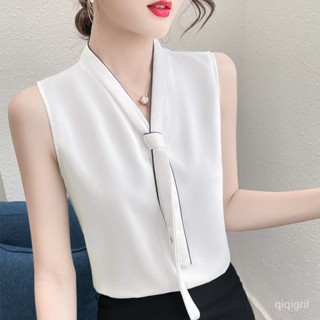 เสื้อชีฟองผู้หญิงแขนกุด ใส่ด้านนอก แบบหลวม สีขาว ใส่สูท คอลเลคชั่นสไตล์เกาหลี