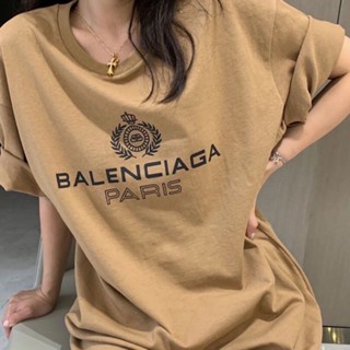 เสื้อยืดแขนสั้น ผ้าฝ้ายแท้ พิมพ์ลายมงกุฎ Balenciaga ขนาดใหญ่ สีขาว แฟชั่นคู่รัก สําหรับผู้ชาย และผู้หญิง