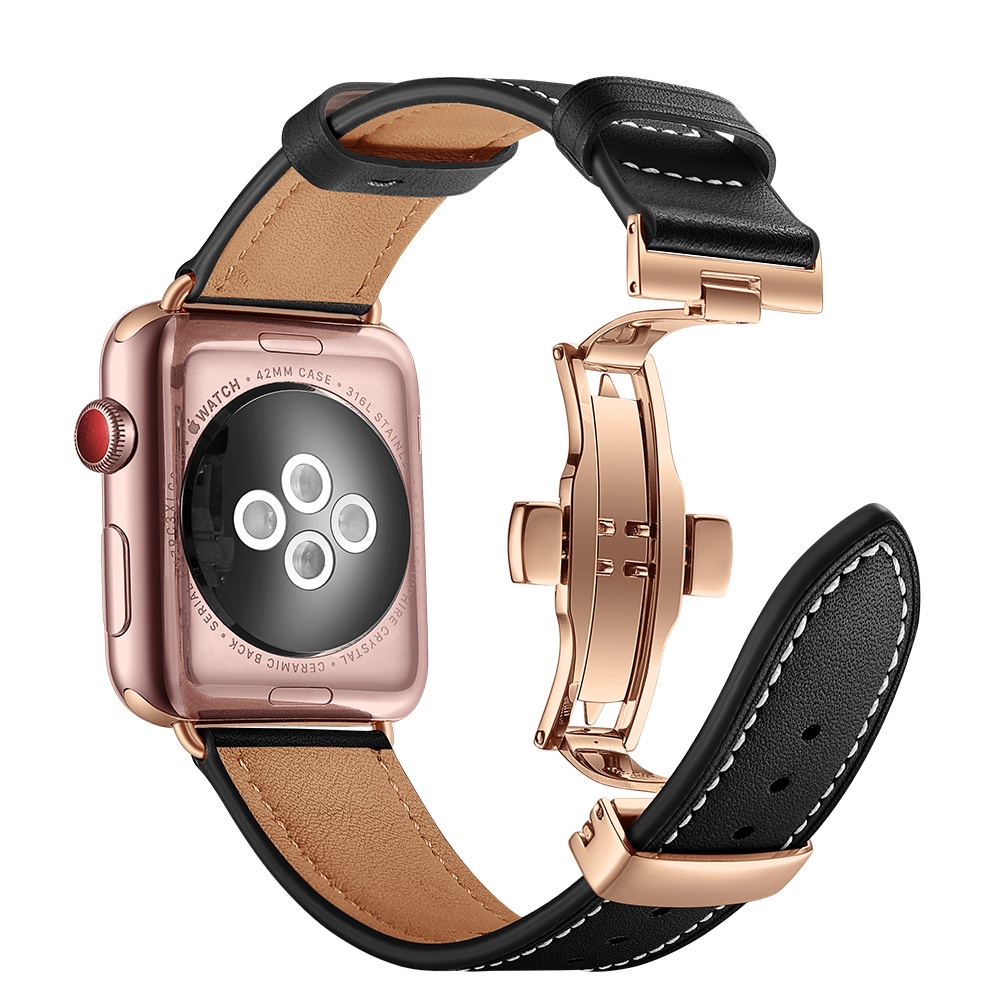 △●Butterfly buckle for Apple Watch band 44mm 40mm correa 42mm 38mm Genuine Leather Strap Wrist Watchband Iwatch Series 6