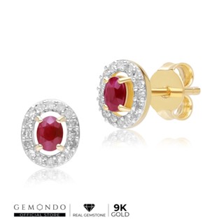 Gemondo ต่างหูทองคำ 9K ประดับทับทิม (Ruby) สไตล์คลาสสิกทรงรี ดีไซน์เพชรล้อม : ต่างหูพลอยแท้ ต่างหูทับทิม