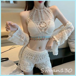 บรา ถักไหมพรม ทะเล สายเดี่ยวผูกคอถักโครเชต์ บราถัก สไตล์โบฮีเมียน แต่งตุ้งติ้งสีน่ารัก สายเดี่ยวผูกคองานถักโครเชต์ Swoan130