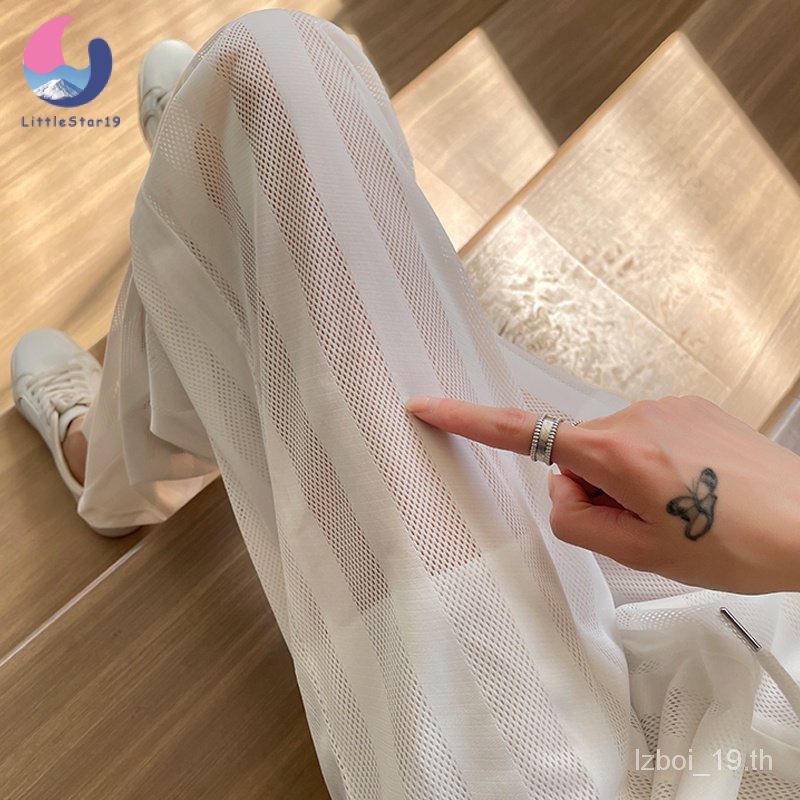 Women กางเกงขากว้างลําลอง ผ้าตาข่าย แบบบาง เข้ารูป ทรงหลวม สีพื้น แฟชั่นฤดูร้อน สําหรับสตรี