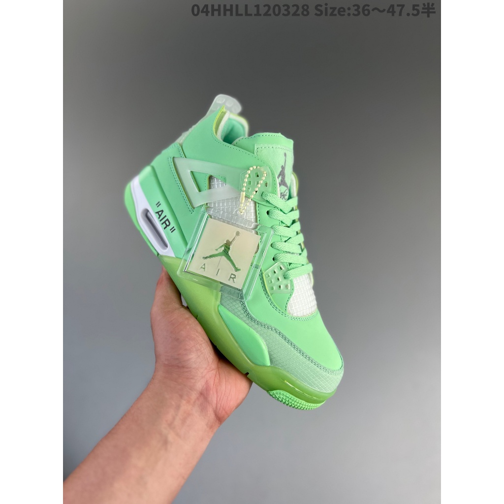 ❁✉☈รองเท้าผ้าใบกีฬา Off-White™ x Air Jordan 4 OW Neon Green