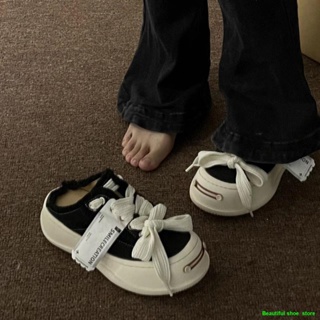 🏀⚽Best SellersMingdian Tan Jianci รองเท้าผ้าใบ Smile Half รองเท้าแตะ One Pedal White Shoes