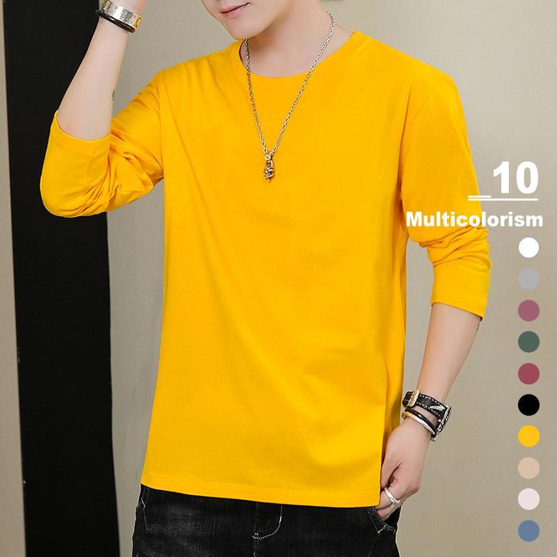 เสื้อยืดแขนยาว ผ้าเรยอน สีเหลือง แฟชั่นฤดูใบไม้ร่วง สําหรับผู้ชาย 2020