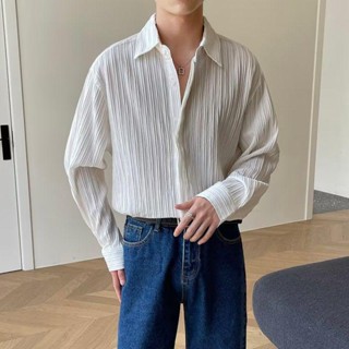 เสื้อเชิ้ตแขนยาวสีดำคุณภาพสูงเสื้อเชิ้ตผู้ชายทรงหลวมแบบยืดหยุ่นขนาดเล็กสไตล์เกาหลีแบบสบายๆสไตล์เกาหลีสำหรับช่างทำผม