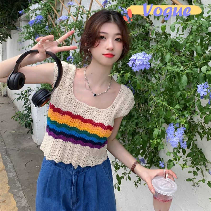 Vogue พร้อมส่ง เสื้อกล้ามถักไหมพรม ดีเทลลายทางสีรุ้ง ผ้านิ่ม (C632) -C