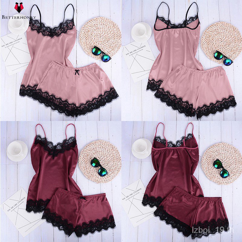 ชุดนอน เสื้อสายเดี่ยว พร้อมกางเกง ขาสั้น ประดับลูกไม้ สำหรับสตรี Women’s pajamas 【LittleStar19】 ราคา ถูกที่สุด ดีลบีเคเค แกลเลอรีภาพที่ 2
