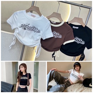 พร้อมส่ง🍑 siwashop #3519 เสื้อครอป รูอเอวข้าง ผูกโบว์หรือรอบเอวก็ได้ สกรีนลาย y2k ผ้านิ่ม ใส่สบาย ทรงสวย