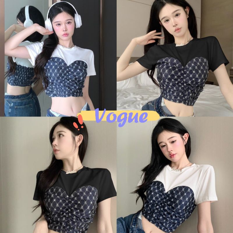 Vogue พร้อมส่ง เสื้อไหมพรมแขนสั้นคอกบม เย็ปแต่งลวดลาย (95139) -C