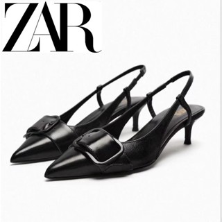 Zara ใหม่ รองเท้าส้นสูง หนังวัว หัวแหลม แต่งหัวเข็มขัด ทรงสี่เหลี่ยม สีดํา แฟชั่นฤดูร้อน สไตล์ยุโรป อเมริกัน สําหรับผู้หญิง 2023