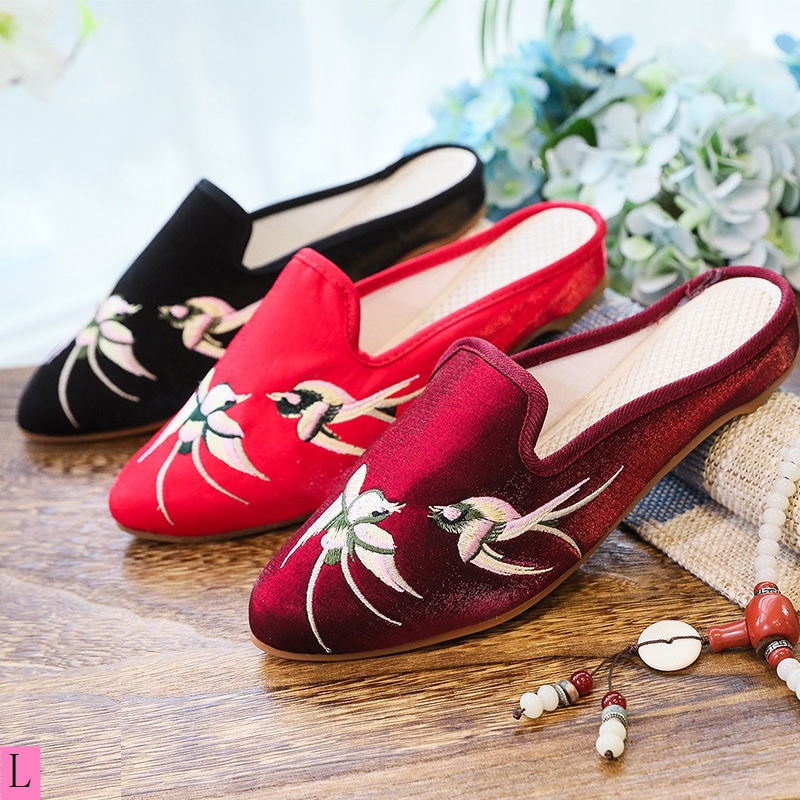 รองเท้าแตะลําลอง แบบครึ่งเท้า ปักลาย สไตล์ปักกิ่งย้อนยุค แฟชั่นฤดูร้อน สําหรับสตรี