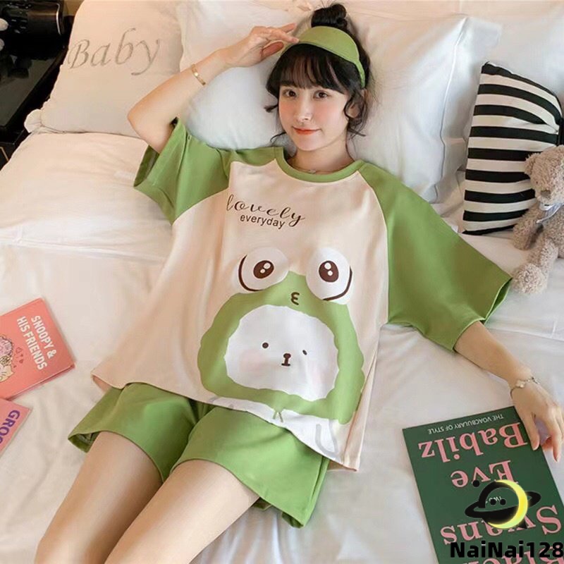 ชุดนอนผู้หญิง เสื้อแขนสั้น+ขาสั้น พิมพ์ลายการ์ตูน สไตล์เกาหลีน่ารัก ผ้าใยสังเคราะห์ women's pajamas【NaiNai 128】