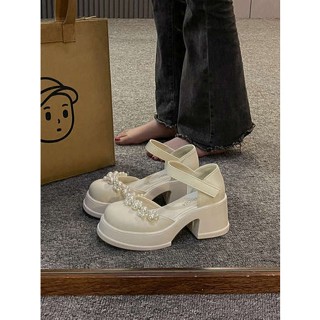 Little Fragrant Mary Jane Shoes Summer 2023 New Thick Platform Block Heeled French Vintage Small Leather Shoes รองเท้าผู