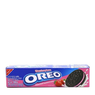 ขนมคุกกี้สอดไส้ครีมสตอเบอร์รี่ oreo strawberry cream 100g 오레오 딸기크림 ขนมเกาหลี