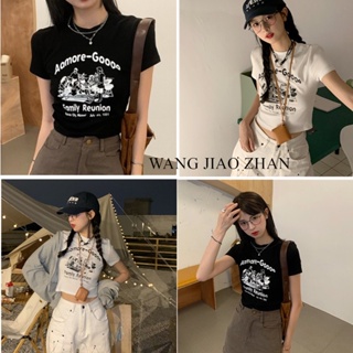 WANG JIAO ZHAN เสื้อยืดแขนสั้นเอวสูงสไตล์เกาหลี