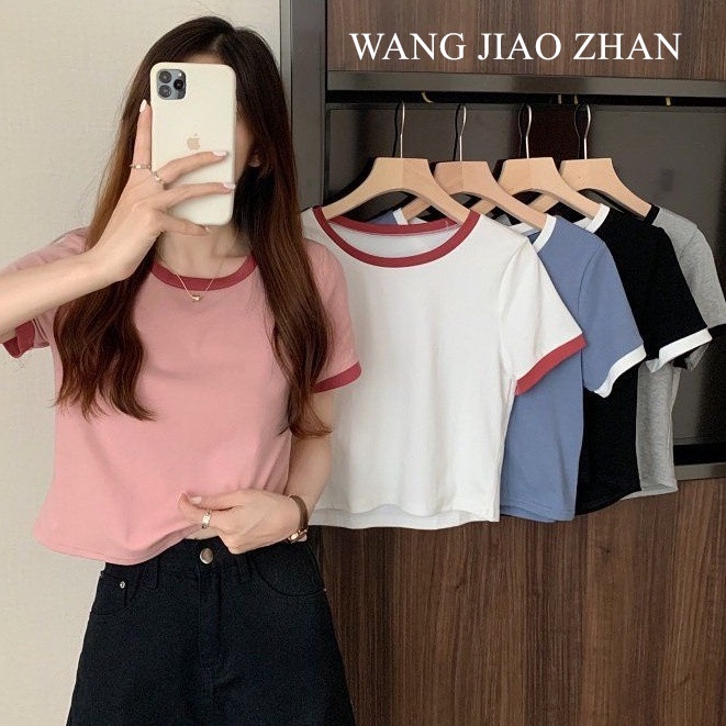 【WJZ】เสื้อยืดแขนสั้น คอกลม สีตัดกัน แฟชั่นผู้หญิง สไตล์เกาหลี【6762】