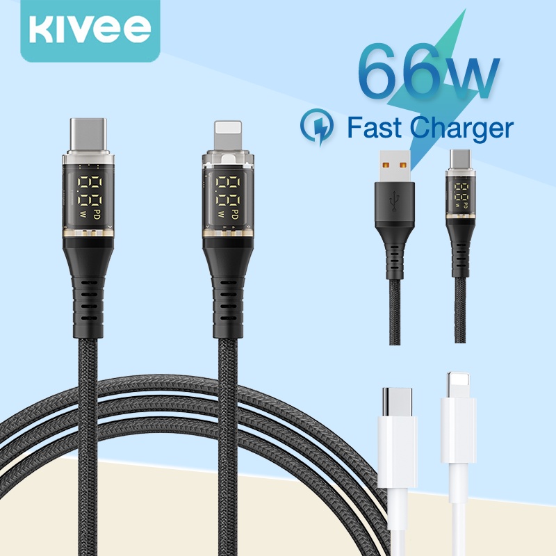 KIVEE สายชาร์จเร็ว 66W type-c to type-c / type-c to Lพร้อมจอแสดงผลดิจิทัล โอนข้อมูล ใช้สำหรับ iPhone Samsung