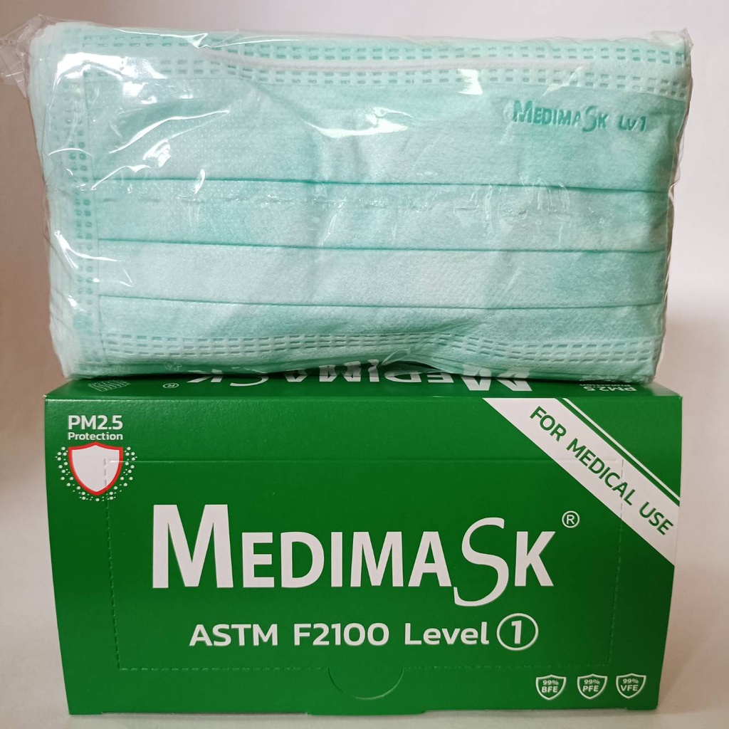Medimask เมดิแมส หน้ากากอนามัย 3 ชั้น แบบห่วง(สีเขียว)