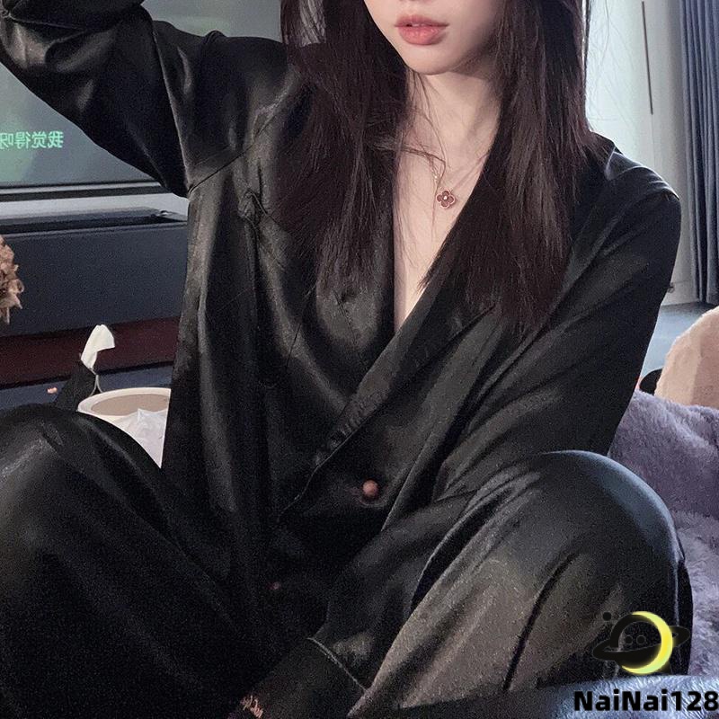 ชุดนอนผ้าไหมซาติน แขนยาว 3 สี พลัสไซซ์ เรียบง่าย สําหรับผู้หญิง【NaiNai 128】