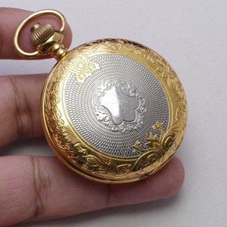 นาฬิกา Vintage มือสองญี่ปุ่น Pocket Watch นาฬิกาพกระบบQUARTZทรงกลม กรอบทอง หน้าปัดตัวเลขโรมัน หน้าปัด 46มม