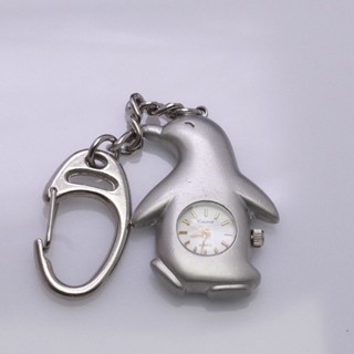 นาฬิกา Vintage มือสองญี่ปุ่น Pocket Watch นาฬิกาพก นกเพนกวิน  จี้ล็อกเก็ต   พวงกุญแจ กรอบเงิน หน้าขาว หน้าปัด 30มม