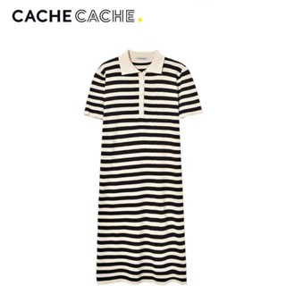 ✧CACHE CACHE Contrast color striped polo collar short-shirt dress women s summer Loose slim straight long t-shirt skirt