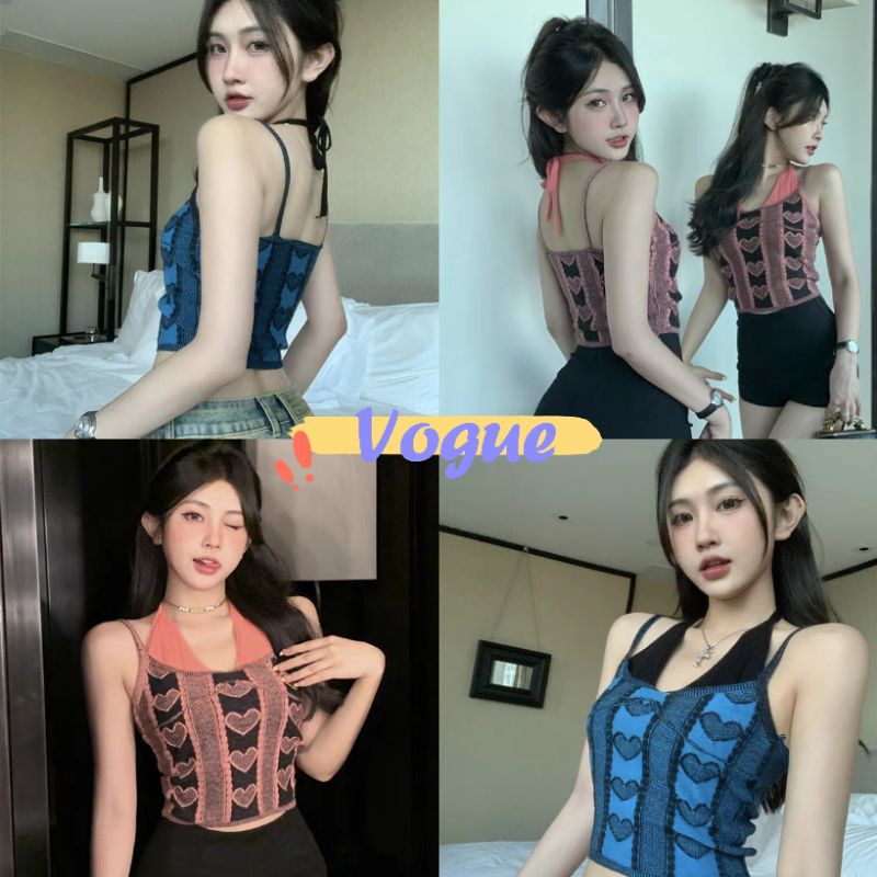 Vogue พร้อมส่ง เสื้อสายเดียวไหมพรม ดีเทลเพิ่มสายคล้องคอ ลายหัวใจ (39157) -C