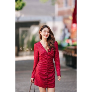 Chic No.9 : ชุดเดรส Dress สั้น - Red V Neck👋ปัดซ้ายที่รูปเพื่อดูขนาดสินค้า