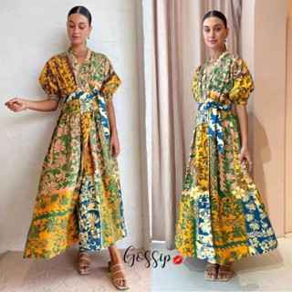 Long dress  ZARA คอวีแขน5ส่วน ลายชนช็อป  มีซับในทั้งตัว มีเข็มขัดเชือกแถมฟรี