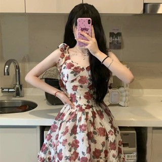 Floral Halter Skirt Red Tea Rose～Summer New Pure Romantic Slimming Rose Sleeveless Dress