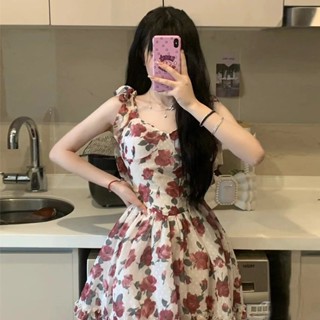 Floral Halter Skirt Red Tea Rose～Summer New Pure Romantic Slimming Rose Sleeveless Dress