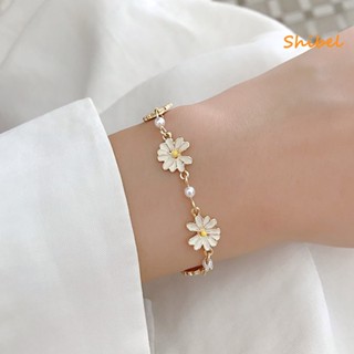 HOT_ สร้อยข้อมือผู้หญิงขนาดเล็ก Faux Pearl Golden โซ่ต่ออารมณ์โลหะผสมดอกไม้สีขาว Charm กำไลข้อมือสุภาพสตรีแฟชั่น