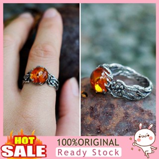 [B_398] Women Ring Hollow Flower Pattern Silver Color Distressed Luxury Gift Retro Faux Amber Beeswax Finger Ring Fashion Jewelry