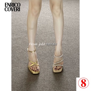 Enrico COVERI ความรู้สึกระดับไฮเอนด์!รองเท้าแพลตฟอร์ม ส้นสูง ทรงสี่เหลี่ยม กันน้ํา สีทอง สไตล์ฝรั่งเศส สําหรับผู้หญิง