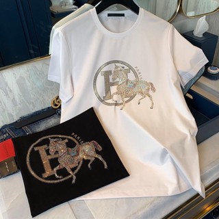 Hermes เสื้อยืดแขนสั้น ประดับเพชร สีทอง สไตล์ยุโรป เหมาะกับฤดูร้อน สําหรับผู้ชาย 2023