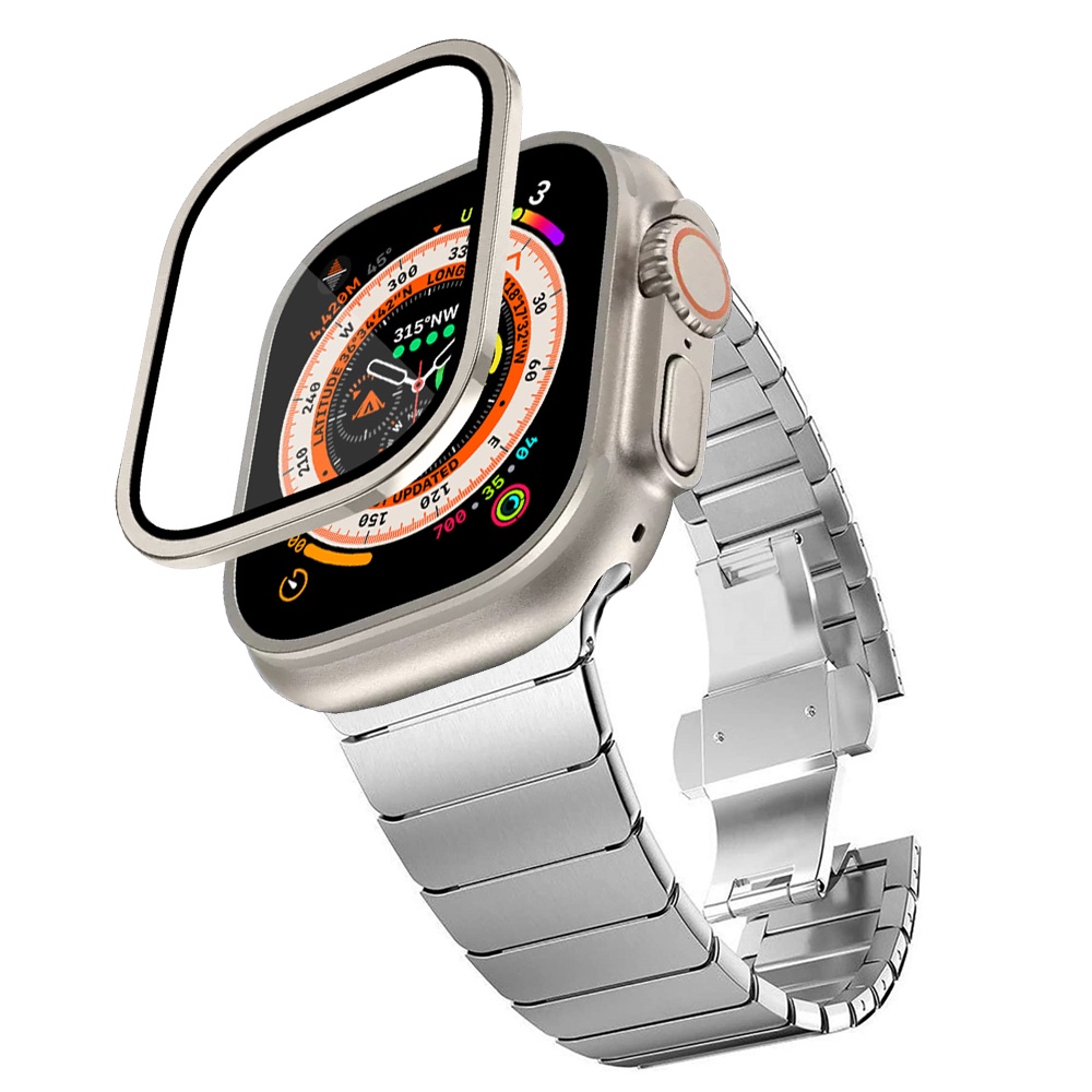 ✚❖▬Tempered Glass Screen Protector + Bands for Apple Watch 49mm Band Stainless Steel Link Bracelet C