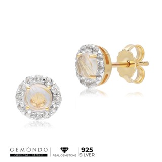 Gemondo ต่างหูเงินแท้ 925 Sterling Silver ประดับไหมทอง (Golden Rutile) ทรงเพชรล้อม ดีไซน์ต่างหูสตัด : ต่างหูตลาสสิก