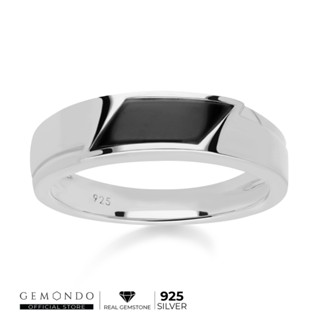 Gemondo แหวนเงินแท้ 925 Sterling Silver ชุบโรเดียม ประดับนิลดำ (Black Onyx) ทรงสี่เหลี่ยมด้านขนานขอบเงา