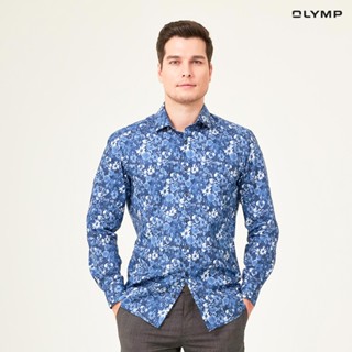 OLYMP GREEN CHOICE LUXOR Shirt เสื้อเชิ้ตชายรักษ์โลก สีกรมท่า พิมพ์ลายดอกไม้สีขาว ทรงหลวม ใส่สบาย รีดง่าย