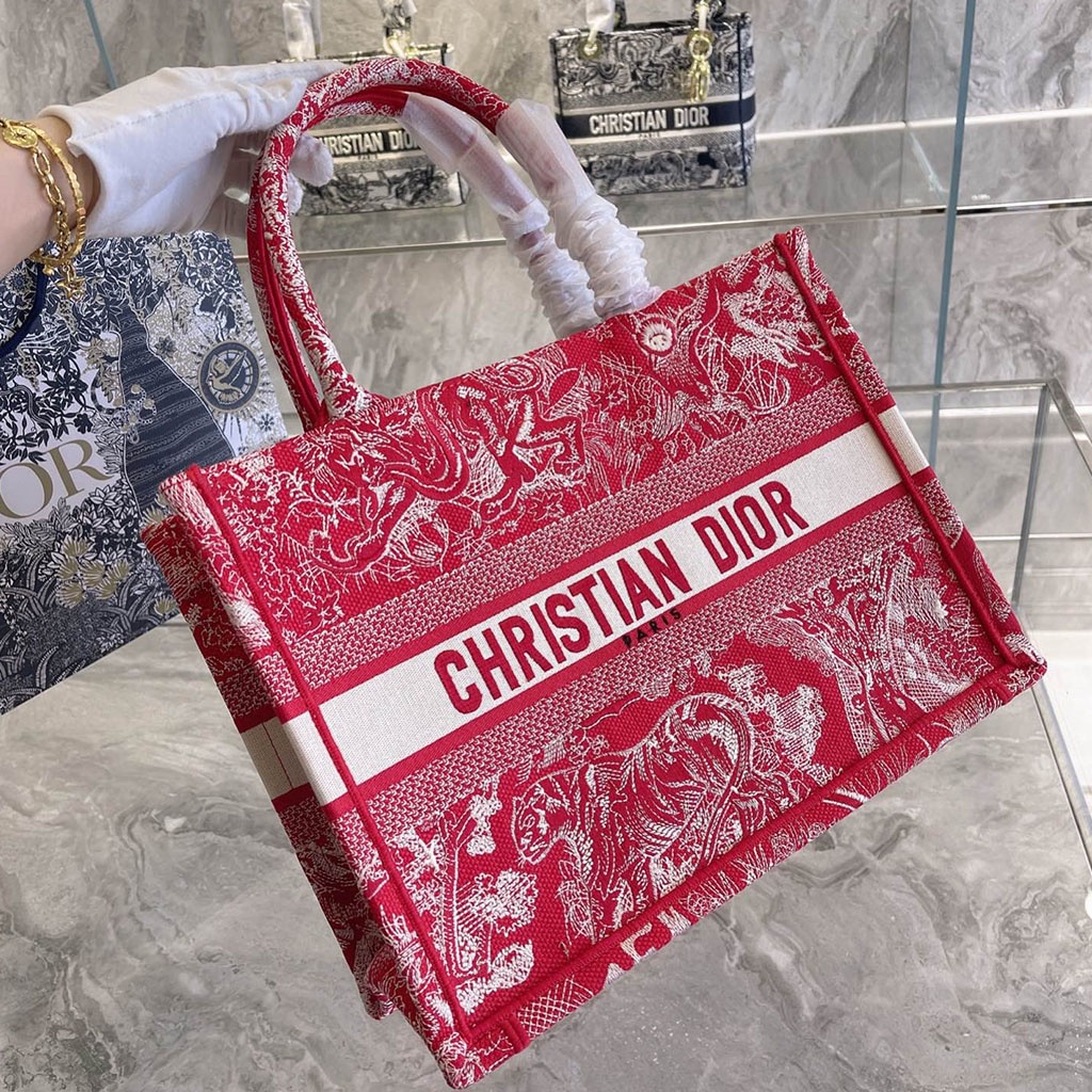 ✕Dior_ (36cm)grey Book Tote Embroidery Handbag Shopping Bag Women Fashion（red）