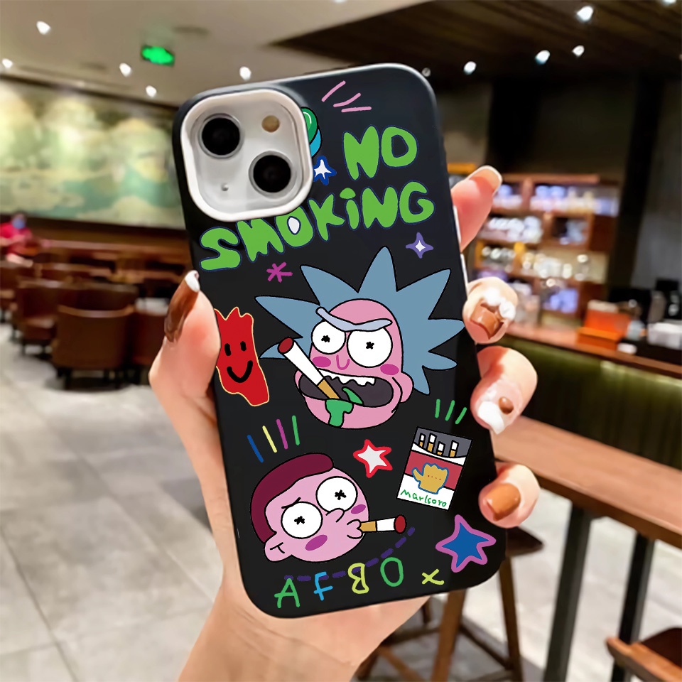 3 in 1 เคสโทรศัพท์มือถือ ซิลิโคนนุ่ม ลาย caroon rick สีพื้น สําหรับ iPhone 14Promax 13 12 11 7Plus 7 X Xs Max XR
