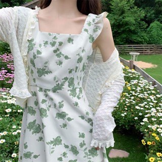 💤พร้อมส่ง # 💝French Tea Break Small Fresh Floral Dress Small Flying Sleeves เดรสสลิงสีเขียว